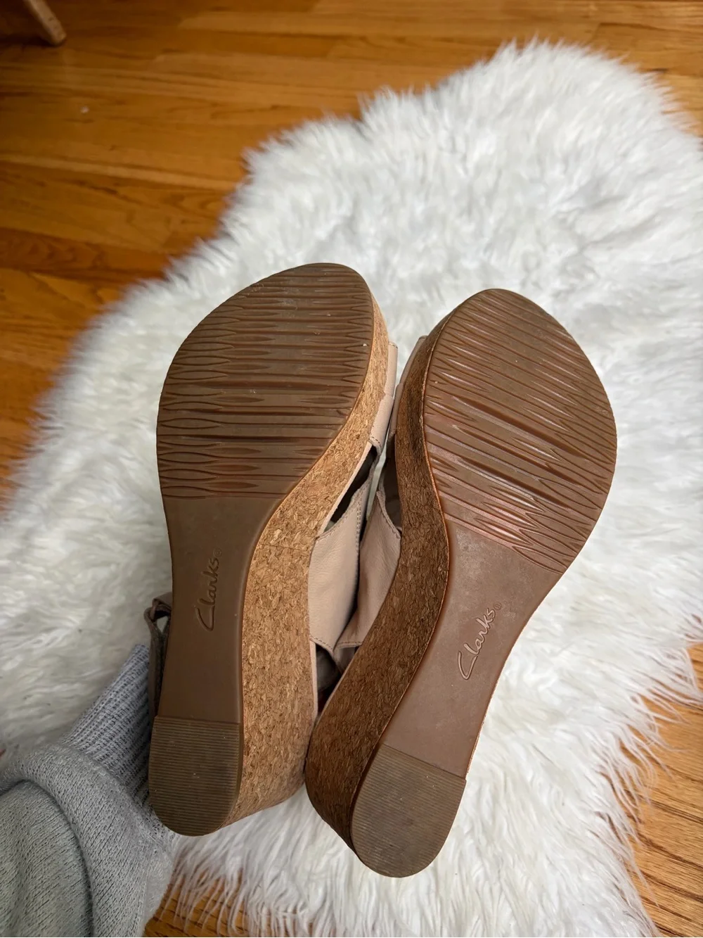 Clarks Annadel Ivory Beige/Tan Cork Platform Wedge Sandals